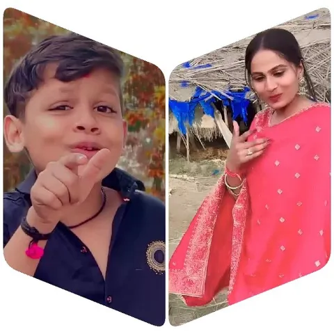 Boy Gesturing and Woman in Traditional Outfit