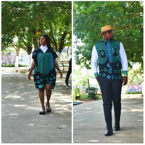Couple in Matching Outfits on Pathway