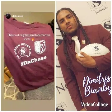 Maroon T-Shirt and Football Pose