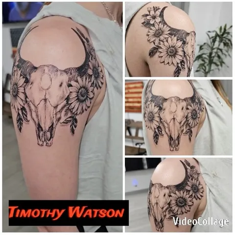 Tattoo of Bull Skull and Flowers