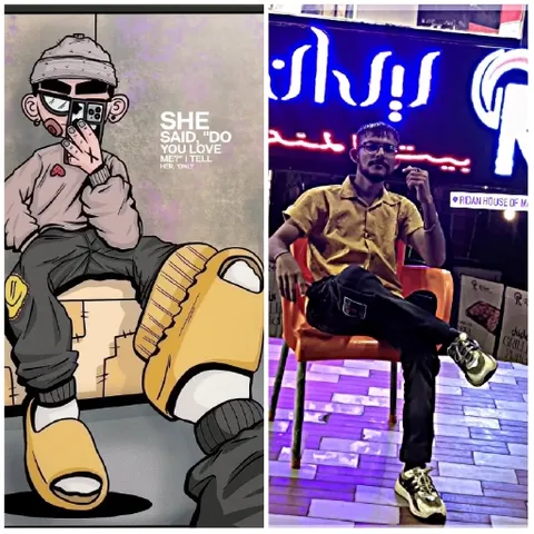 Cartoon Character and Man in Neon