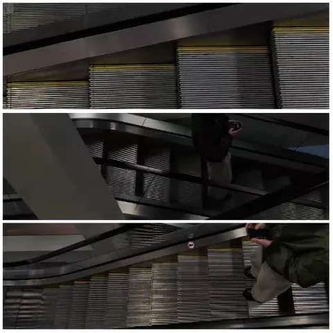Person on Escalator with Safety Lines