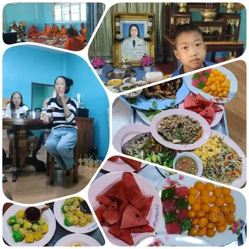 Monks at Table and Memorial Setup