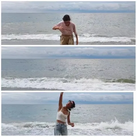 Stretching at the Beach Under Clouds