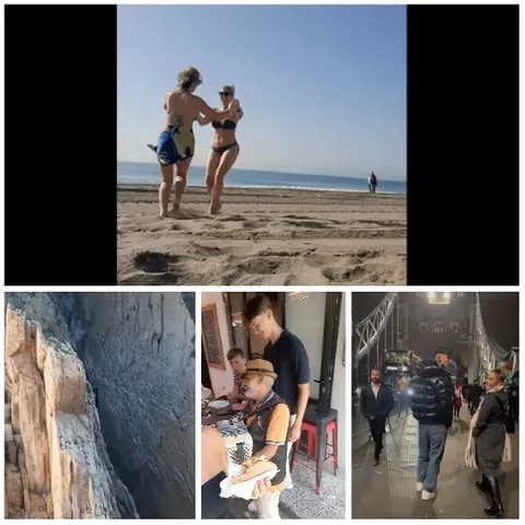 Women in Swimsuits and Outdoor Cafe