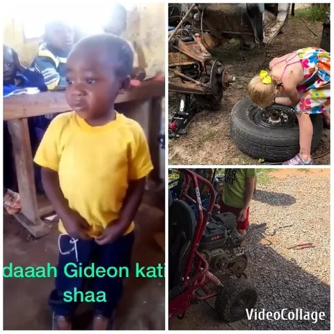 Child Inspecting Tire Indoors