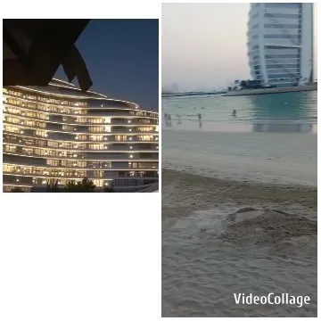 Illuminated Building and Beach Scene