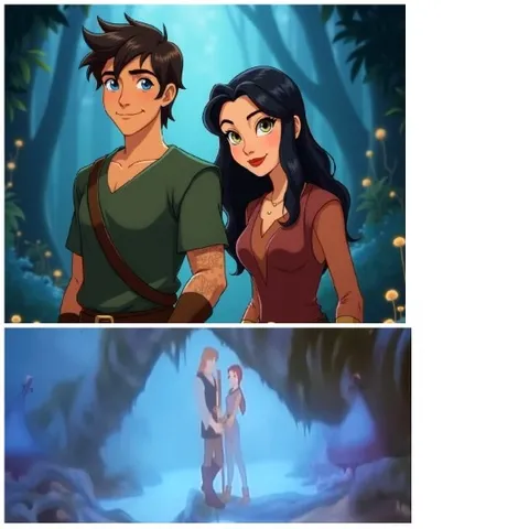Illustrated Couple in Forest Scene