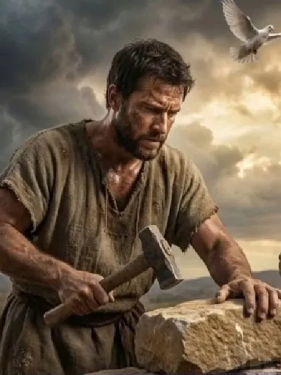 Man Chiseling Stone Outdoors