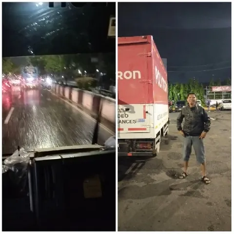 Rainy Night and Red Truck