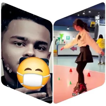 Man with Emoji and Roller Skating Girl