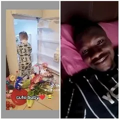 Baby by Refrigerator and Smiling Person