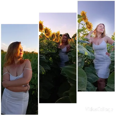 Woman in Sunflower Field at Sunset