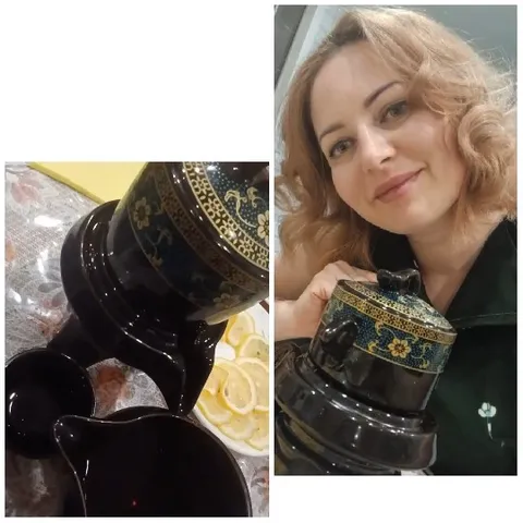 Smiling Woman with Decorative Teapot
