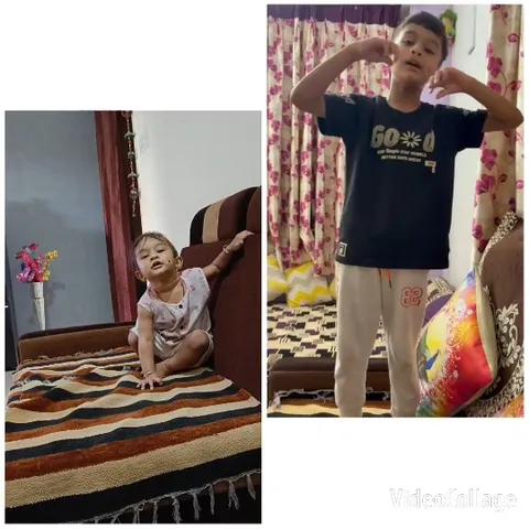 Playful Children on Striped Sofa