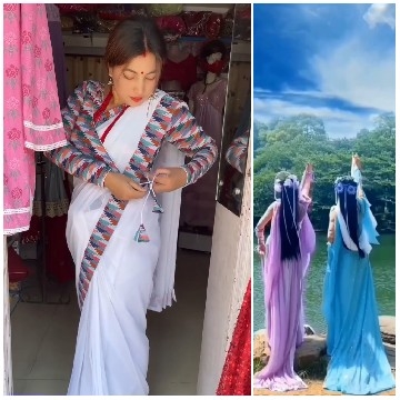 Woman Adjusting Saree in Store