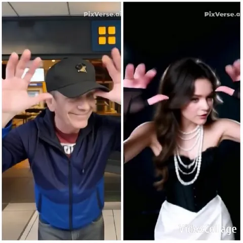 Two People Smiling with Hands Raised