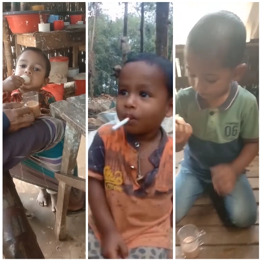 Children with Drinks in Rustic Setting
