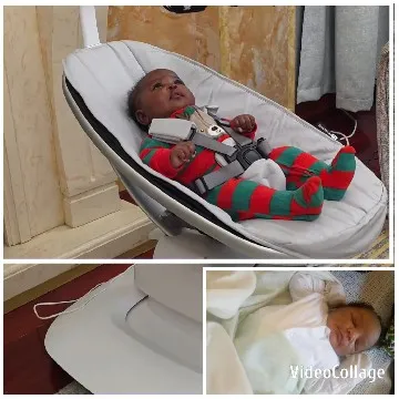 Baby in Striped Outfit in Baby Chair