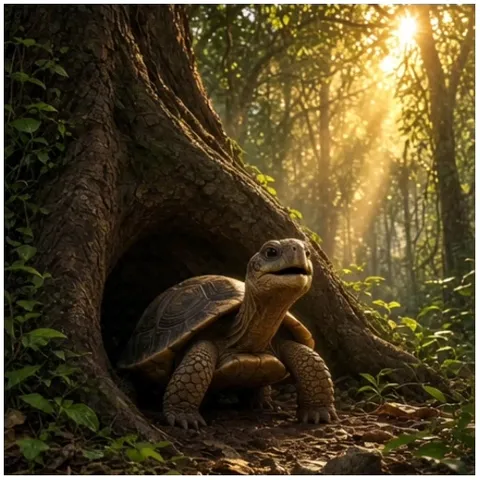 Tortoise Emerging from Tree Burrow