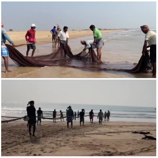 Fishermen Working Together On Beach
