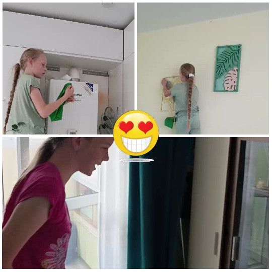 Girl Cleaning and Hanging Pictures