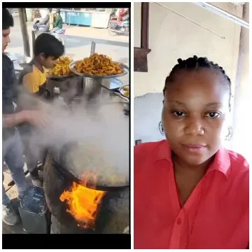 Street Food Cooking and Woman Posing