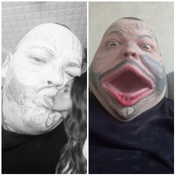 Tattooed Face Receiving a Kiss