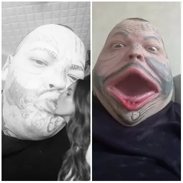 Tattooed Face Receiving a Kiss