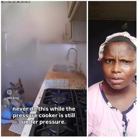 Kitchen Scene with Pressure Cooker Warning