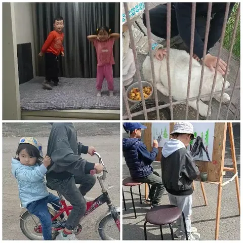 Children Jumping and Petting Animal