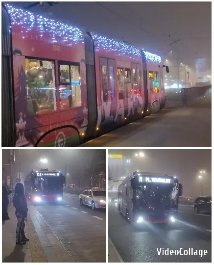 Festively Lit Tram and Buses