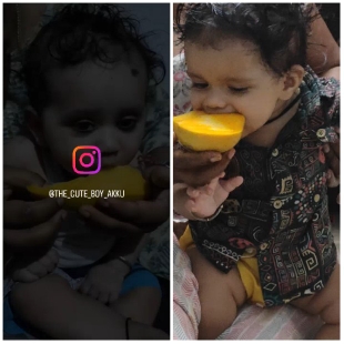 Baby Eating Fruit and Mango Slice