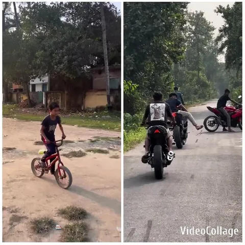 Child Biking and Motorcyclists Riding