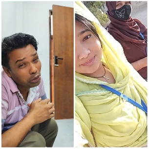 Man by Open Door, Women Taking Selfie
