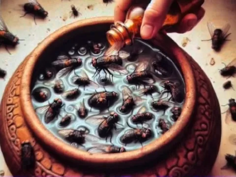 Pouring Liquid Into Bowl With Flies