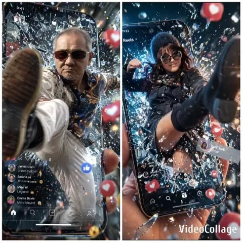 Individuals Kicking through Phone Screens