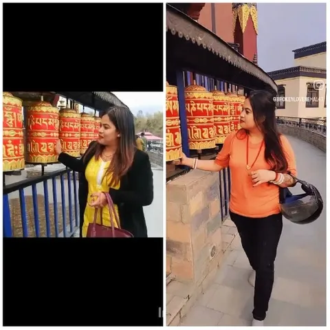Woman by Large Prayer Wheels