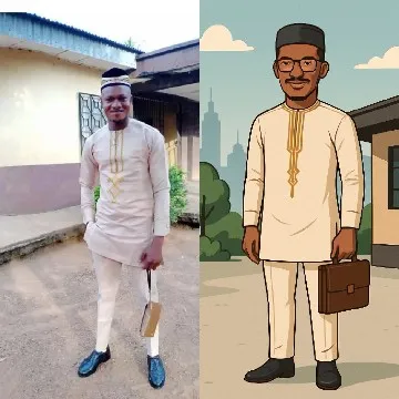 Man in Traditional Attire and Cartoon