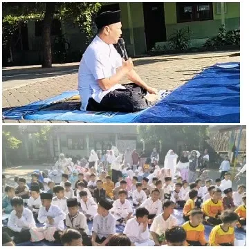 Speaking to Audience on Blue Tarp