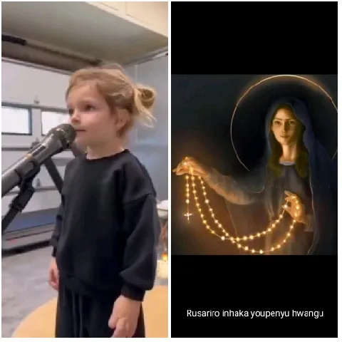 Child Singing Next to Religious Art