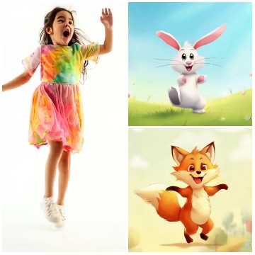 Joyful Girl and Cartoon Animals
