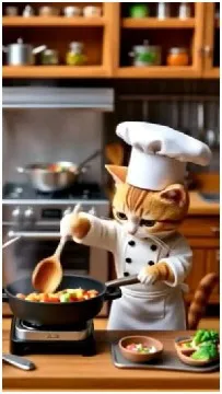 Chef Cat Stirring Pan on Stove