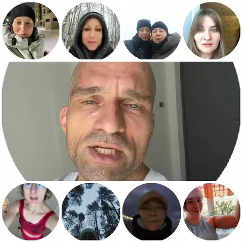 Bald Man Surrounded by Winter Scenes