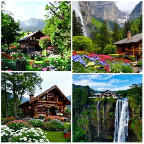 Rustic Cabins Surrounded By Vibrant Gardens