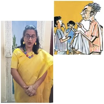 Woman in Sari and Cartoon Scene