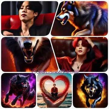 Person and Wolves with Glowing Eyes