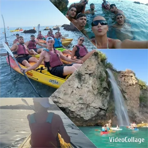 Friends Kayaking and Swimming at Beach