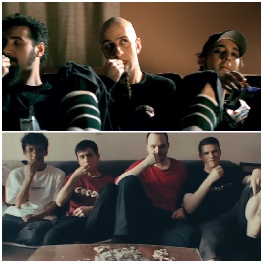 Two Groups Sitting on a Couch