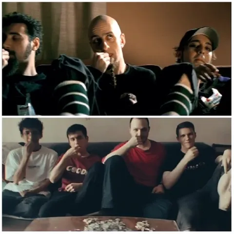 Two Groups Sitting on a Couch